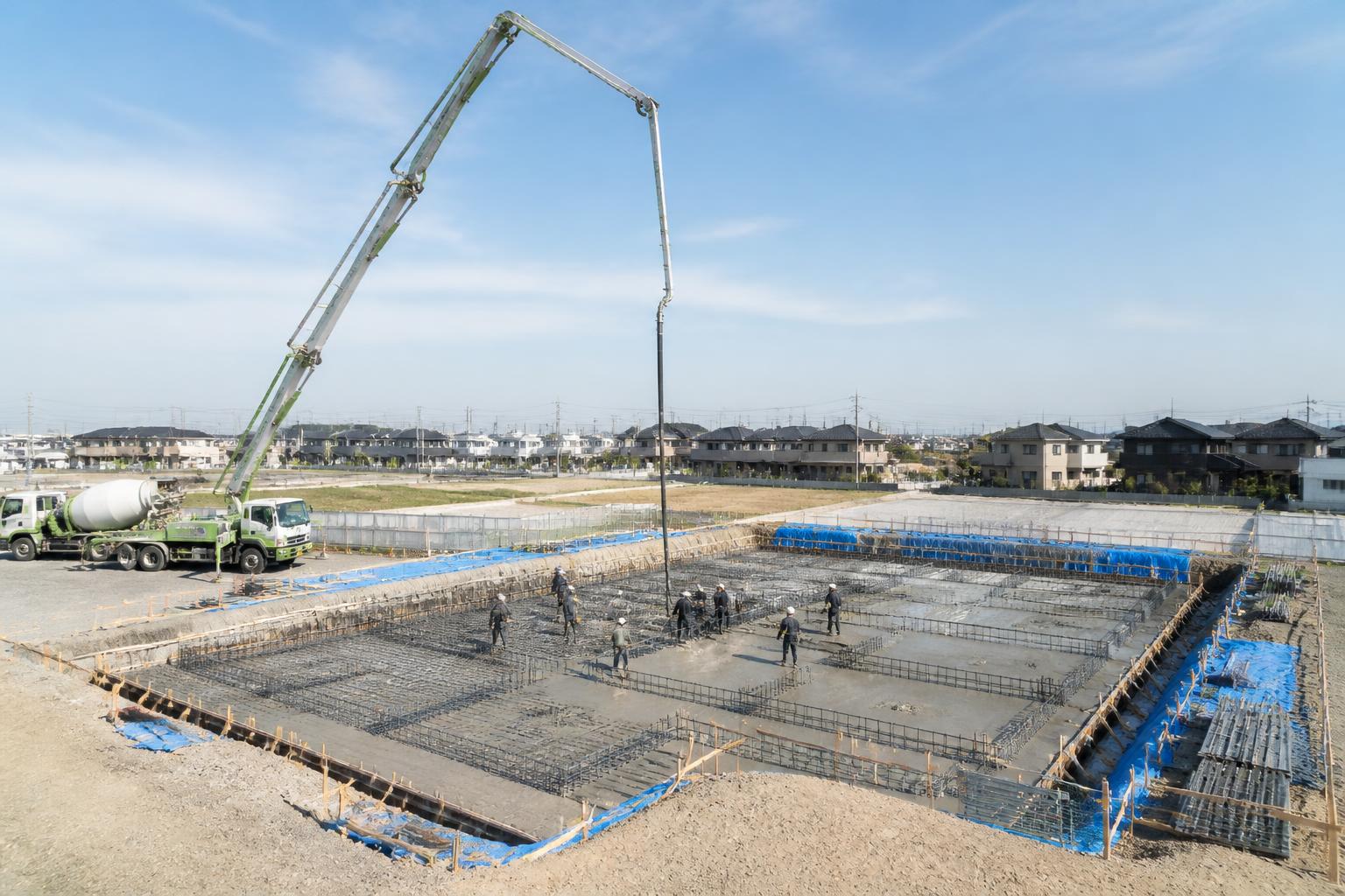 生コンクリートの打設が進む建設現場